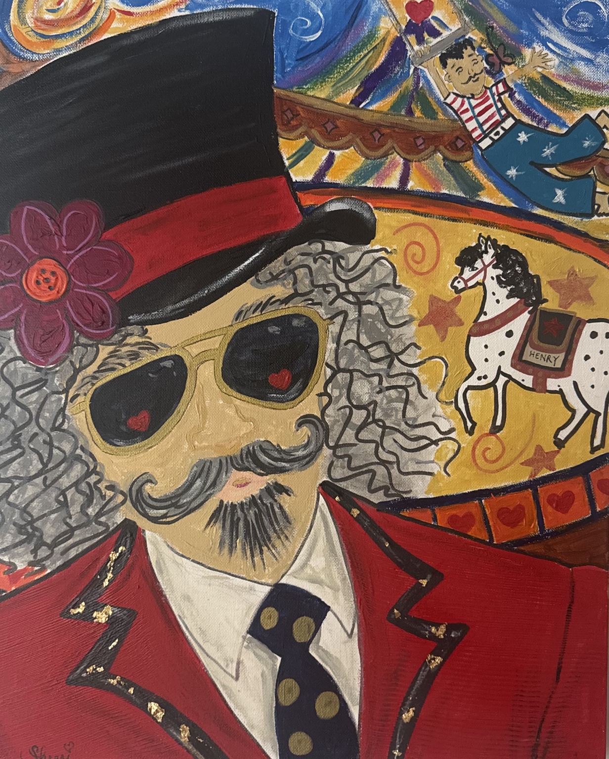 Ringmaster in a top hat, red coat, and sunglasses before a colorful circus scene