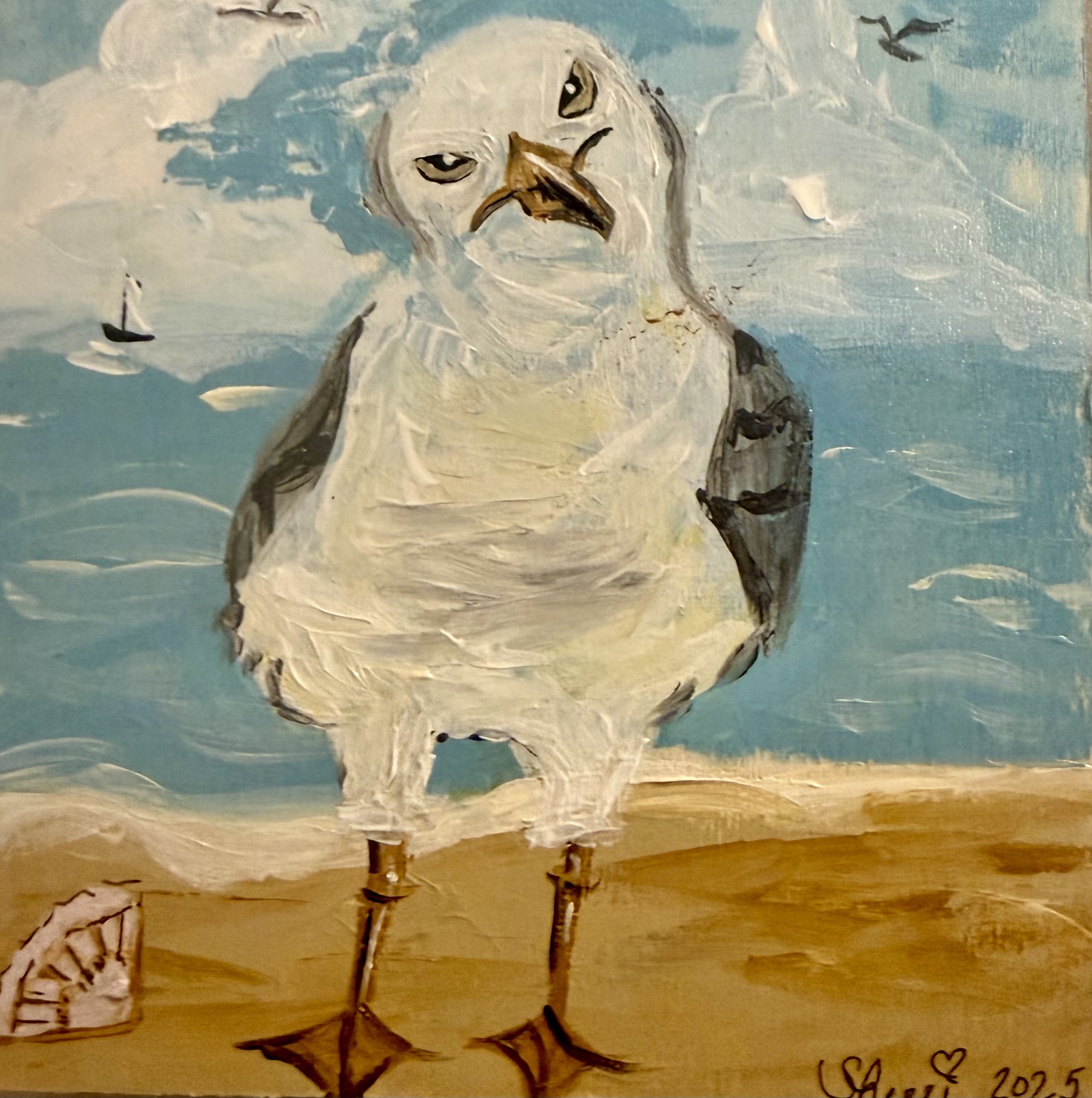 Original painting of a characterful seagull on a sandy beach, with a sailboat in the distance